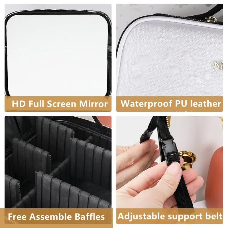 LED Lighted Cosmetic Case: Portable Waterproof PU Leather Makeup Storage