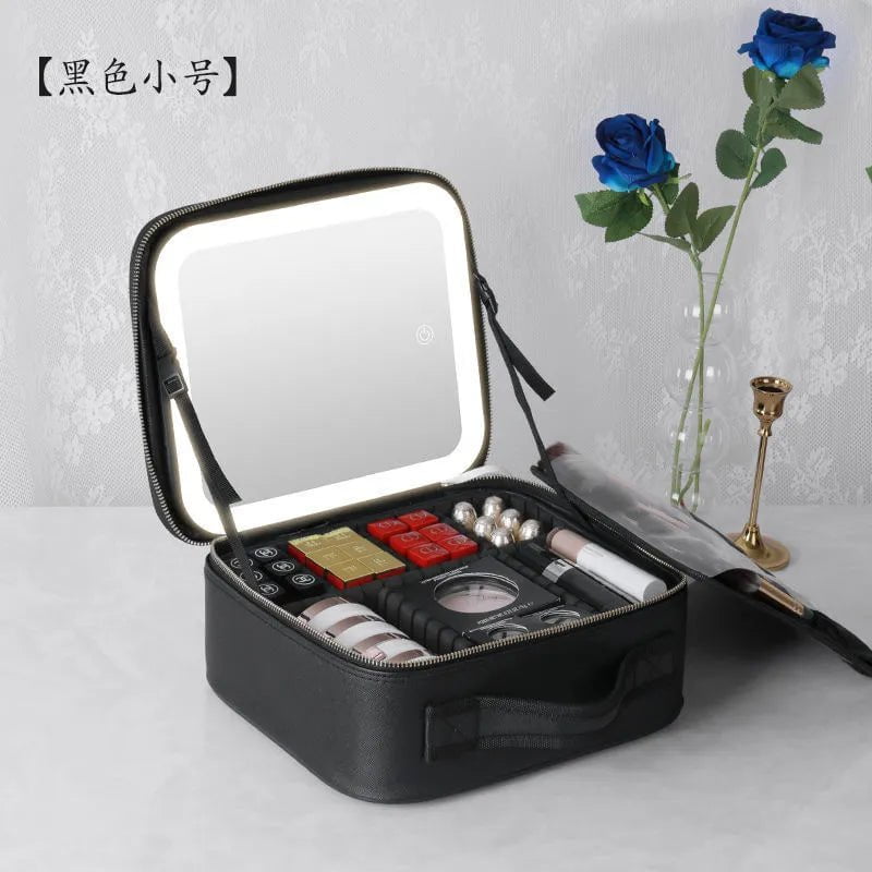 LED Lighted Cosmetic Case: Portable Waterproof PU Leather Makeup Storage Black LED Light