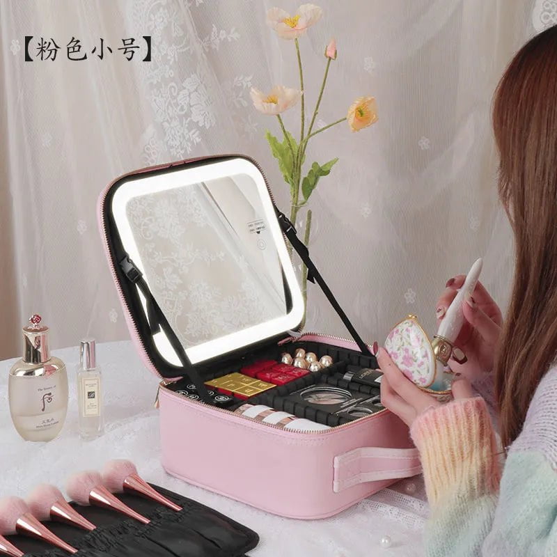 LED Lighted Cosmetic Case: Portable Waterproof PU Leather Makeup Storage Pink LED Light