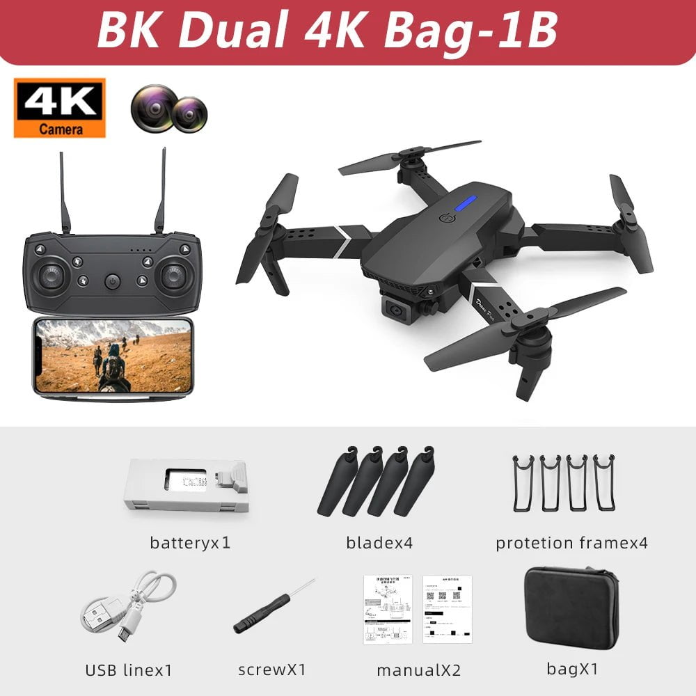 Lenovo E88Pro 4K Drone: Dual HD Camera, Foldable RC Helicopter, WIFI FPV BK Dual 4K Bag-1B