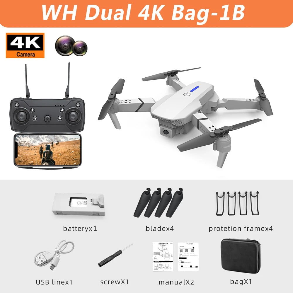 Lenovo E88Pro 4K Drone: Dual HD Camera, Foldable RC Helicopter, WIFI FPV WH Dual 4K Bag-1B