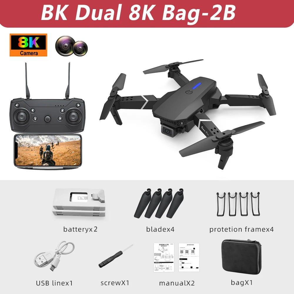 Lenovo E88Pro Drone 4K with Dual HD Camera - Foldable RC Helicopter - WIFI FPV BK Dual 8K Bag-2B