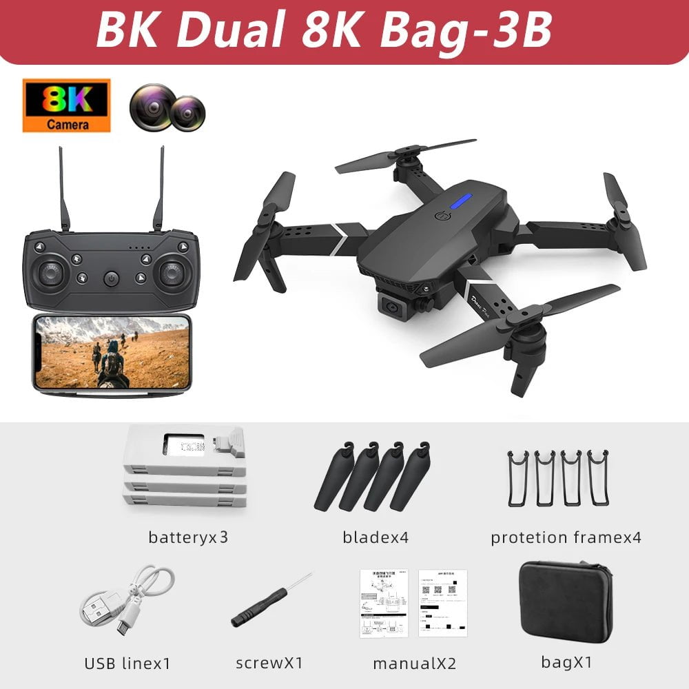 Lenovo E88Pro Drone 4K with Dual HD Camera - Foldable RC Helicopter - WIFI FPV BK Dual 8K Bag-3B