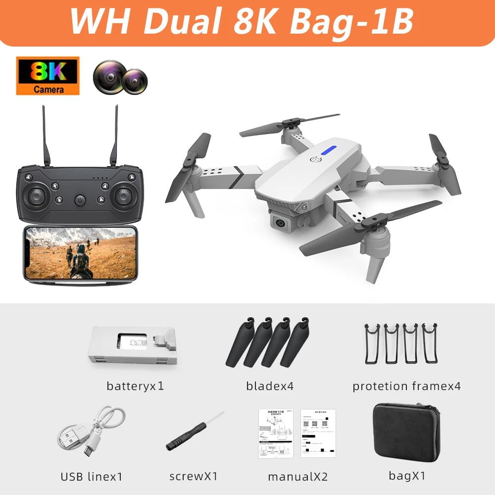 Lenovo E88Pro Drone 4K with Dual HD Camera - Foldable RC Helicopter - WIFI FPV WH Dual 8K Bag-1B