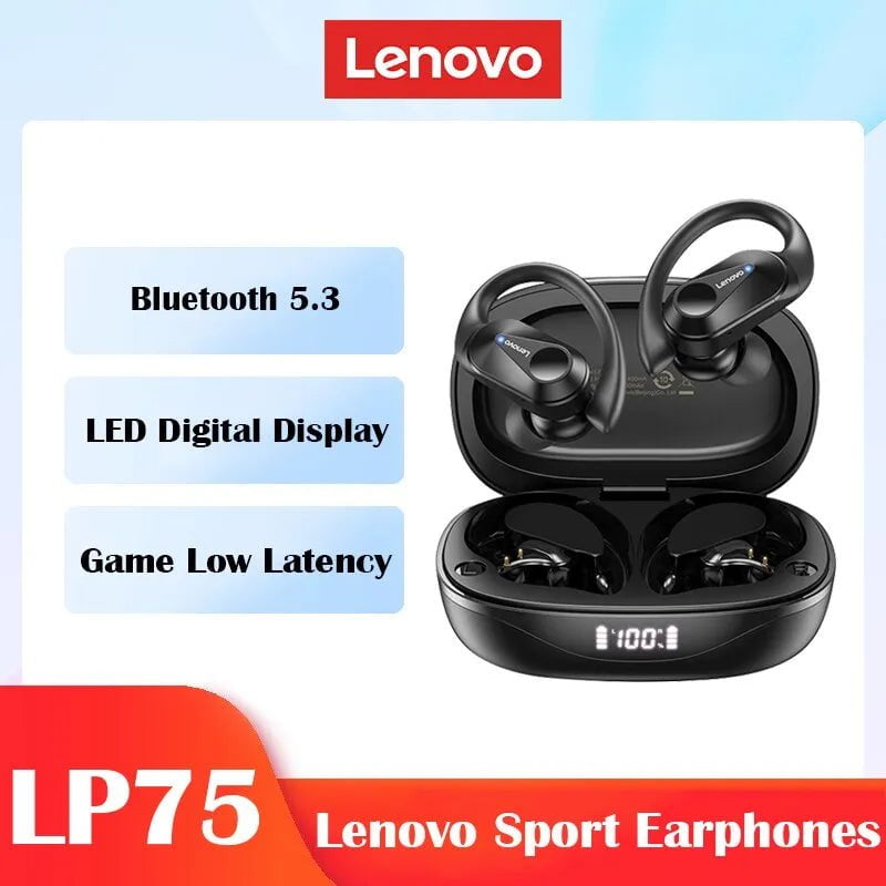 Lenovo LP75: Bluetooth 5.3 TWS Earphones, LED Display LP75 Black