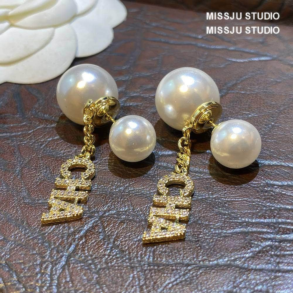 Letter Deco Double-Sided Pearl Stud Earrings White