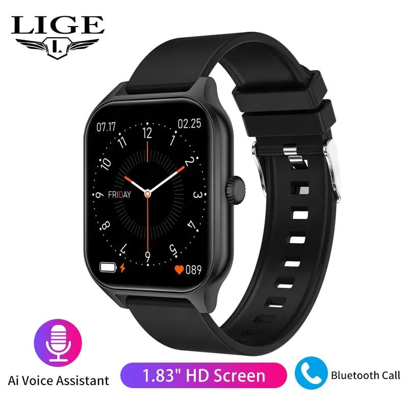 LIGE Fashion Smart Watch: Bluetooth Call, Blood Pressure Monitor, Custom Dial, Waterproof Silicone black / Call Reminder