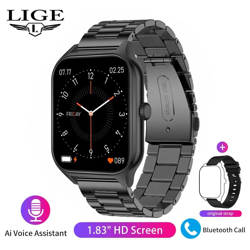 LIGE Fashion Smart Watch: Bluetooth Call, Blood Pressure Monitor, Custom Dial, Waterproof steel strip black / Call Reminder