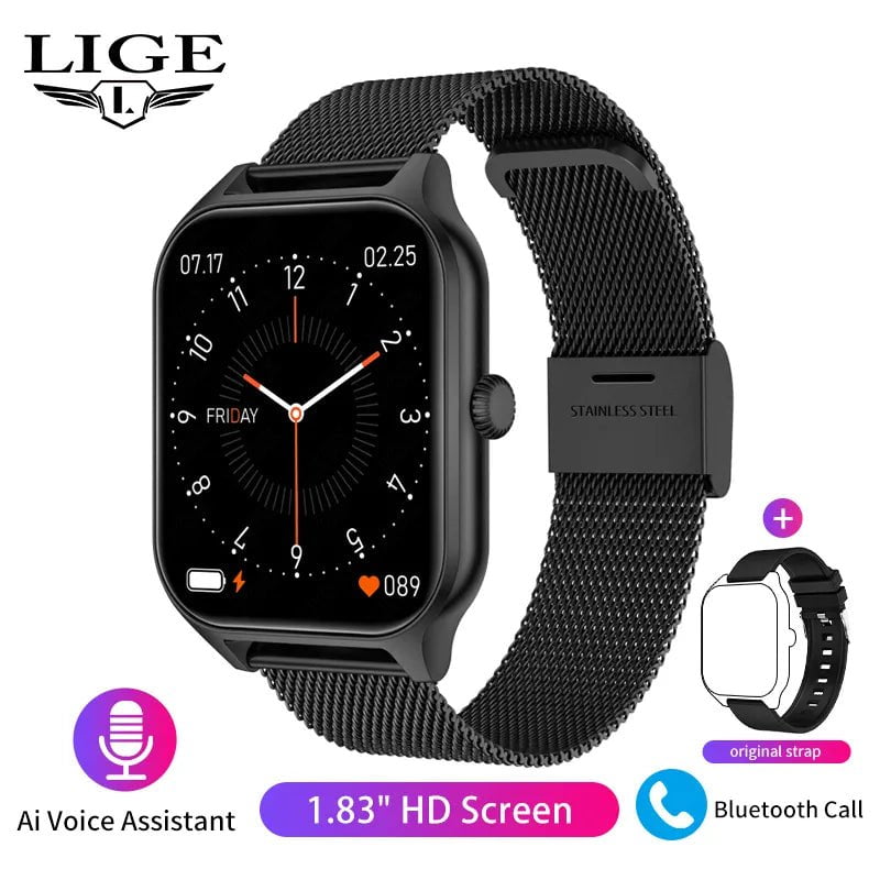 LIGE Fashion Smart Watch: Women Bluetooth Call, Blood Pressure Monitor, DIY Custom Dial, Sport Bracelet, Waterproof - Smartwatch for Men mesh belt black / Call Reminder