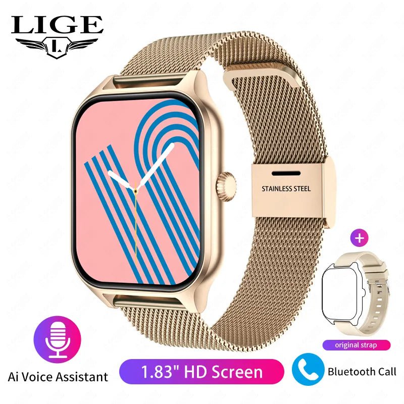 LIGE Fashion Smart Watch: Women Bluetooth Call, Blood Pressure Monitor, DIY Custom Dial, Sport Bracelet, Waterproof - Smartwatch for Men mesh belt gold / Call Reminder