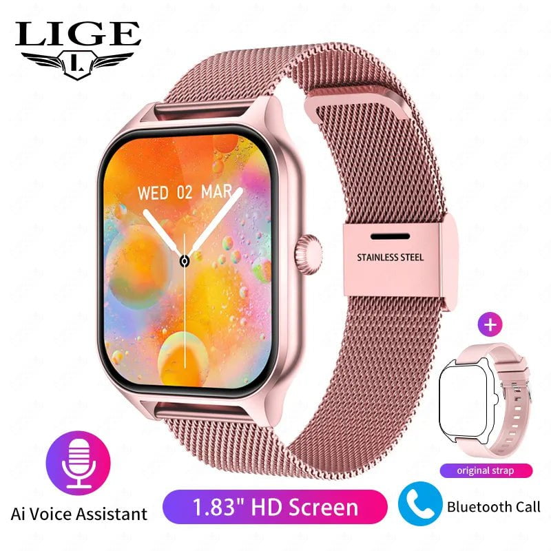 LIGE Fashion Smart Watch: Women Bluetooth Call, Blood Pressure Monitor, DIY Custom Dial, Sport Bracelet, Waterproof - Smartwatch for Men mesh belt pink / Call Reminder