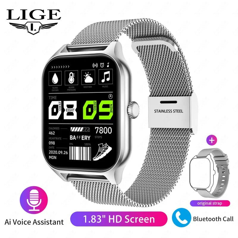 LIGE Fashion Smart Watch: Women Bluetooth Call, Blood Pressure Monitor, DIY Custom Dial, Sport Bracelet, Waterproof - Smartwatch for Men mesh belt silver / Call Reminder