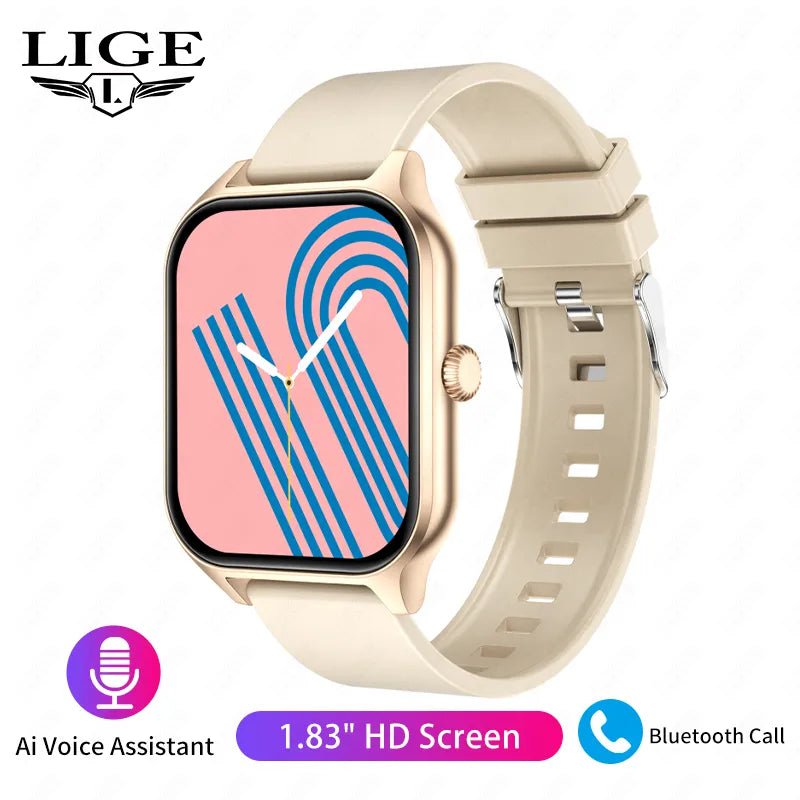 LIGE Fashion Smart Watch: Women Bluetooth Call, Blood Pressure Monitor, DIY Custom Dial, Sport Bracelet, Waterproof - Smartwatch for Men Silicone Gold / Call Reminder