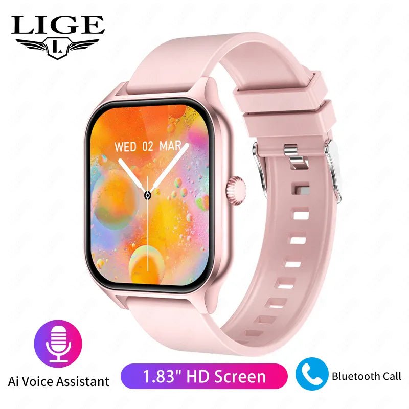 LIGE Fashion Smart Watch: Women Bluetooth Call, Blood Pressure Monitor, DIY Custom Dial, Sport Bracelet, Waterproof - Smartwatch for Men Silicone pink / Call Reminder