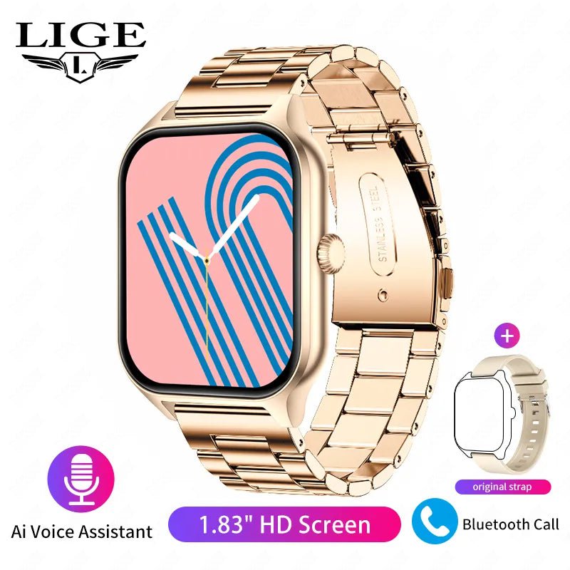 LIGE Fashion Smart Watch: Women Bluetooth Call, Blood Pressure Monitor, DIY Custom Dial, Sport Bracelet, Waterproof - Smartwatch for Men steel strip Gold / Call Reminder