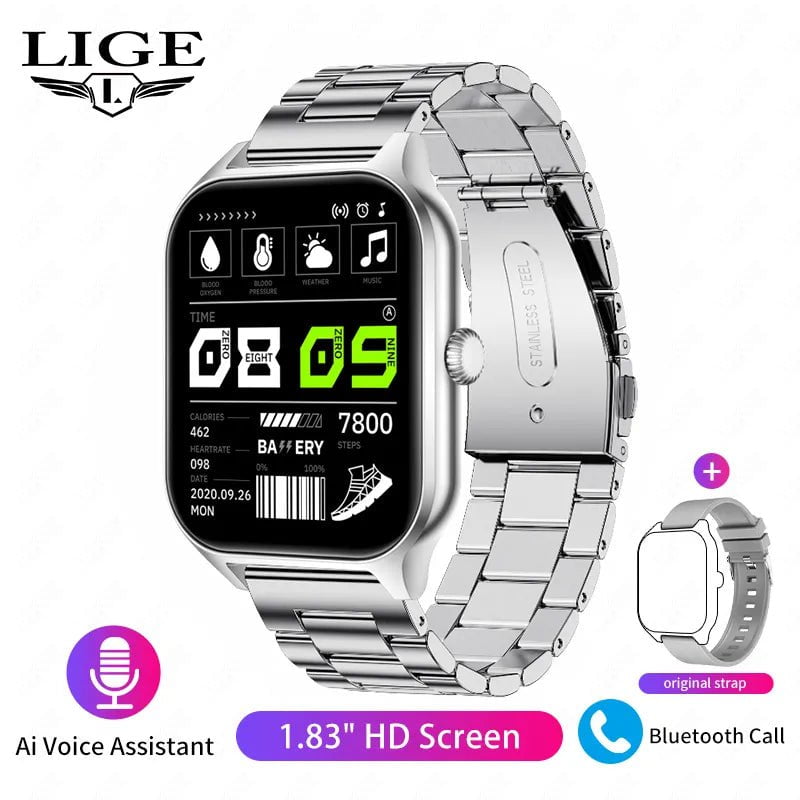 LIGE Fashion Smart Watch: Women Bluetooth Call, Blood Pressure Monitor, DIY Custom Dial, Sport Bracelet, Waterproof - Smartwatch for Men steel strip silver / Call Reminder