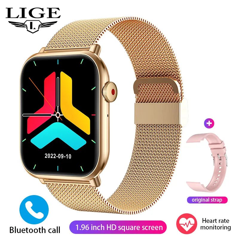 LIGE New Smartwatch - Body Temperature Sports Fitness Watches, Waterproof, Bluetooth Call, Digital Smartwatch for Men and Women Mesh belts Gold 1 / Voice Assistant