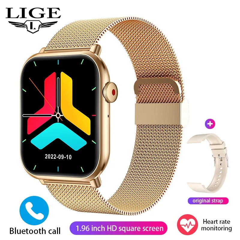 LIGE New Smartwatch - Body Temperature Sports Fitness Watches, Waterproof, Bluetooth Call, Digital Smartwatch for Men and Women Mesh belts Gold / Voice Assistant