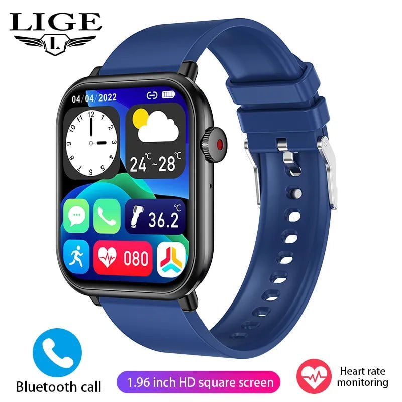 LIGE New Smartwatch - Body Temperature Sports Fitness Watches, Waterproof, Bluetooth Call, Digital Smartwatch for Men and Women silicone blue / Voice Assistant