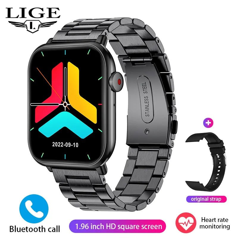 LIGE New Smartwatch - Body Temperature Sports Fitness Watches, Waterproof, Bluetooth Call, Digital Smartwatch for Men and Women Steel belts Black / Voice Assistant
