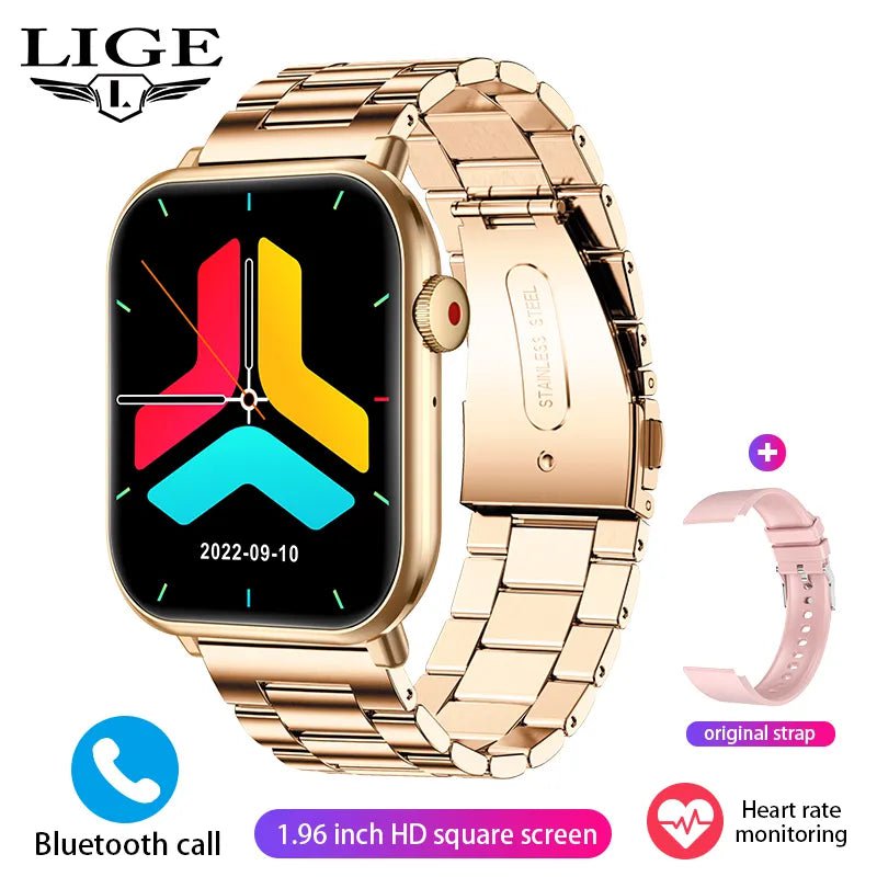 LIGE New Smartwatch - Body Temperature Sports Fitness Watches, Waterproof, Bluetooth Call, Digital Smartwatch for Men and Women Steel belts Gold 1 / Voice Assistant