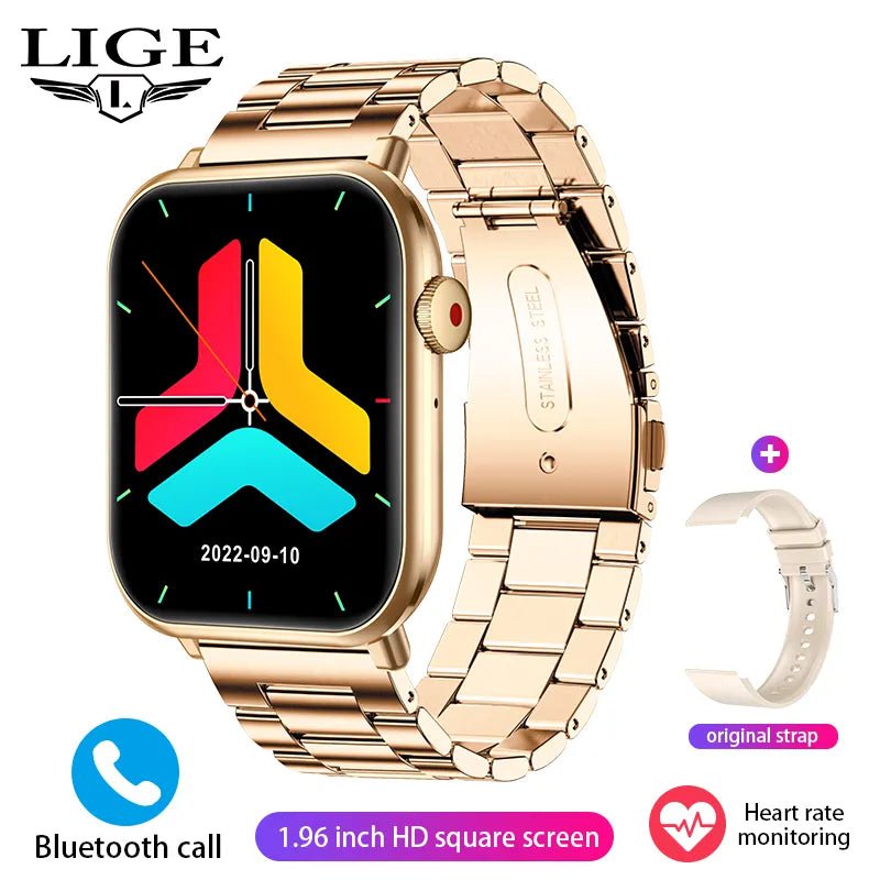 LIGE New Smartwatch - Body Temperature Sports Fitness Watches, Waterproof, Bluetooth Call, Digital Smartwatch for Men and Women Steel belts Gold / Voice Assistant