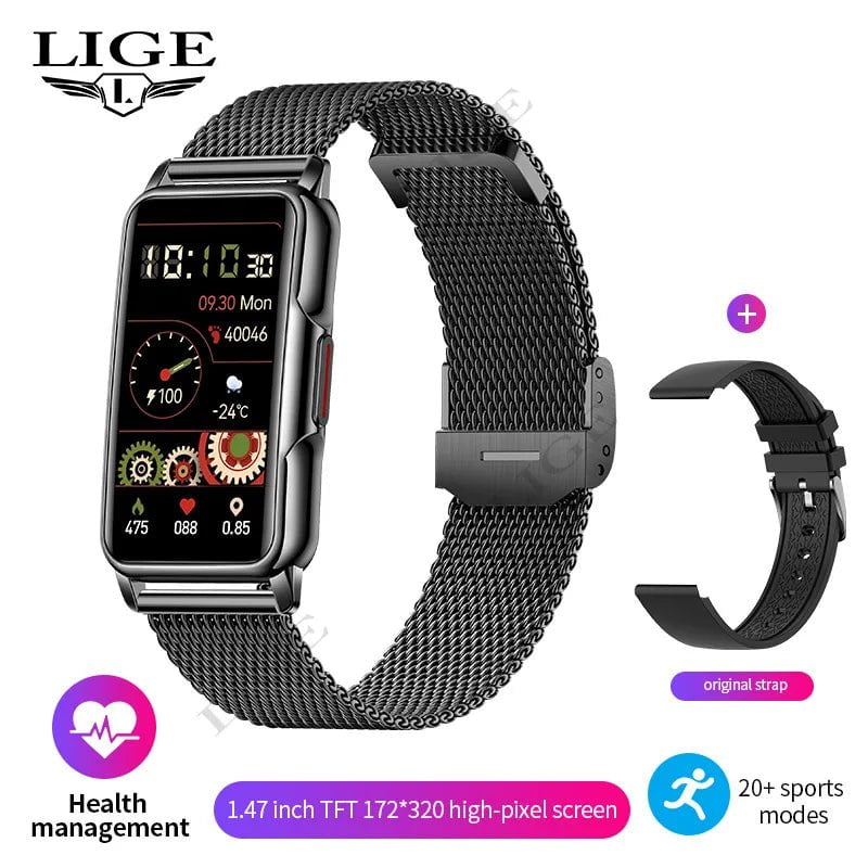 LIGE Smart Watch: Bluetooth Connected, Phone Music, Fitness Sports Bracelet, Sleep Monitor, 1.47-inch Display - Smartwatch for Men and Women mesh belt black