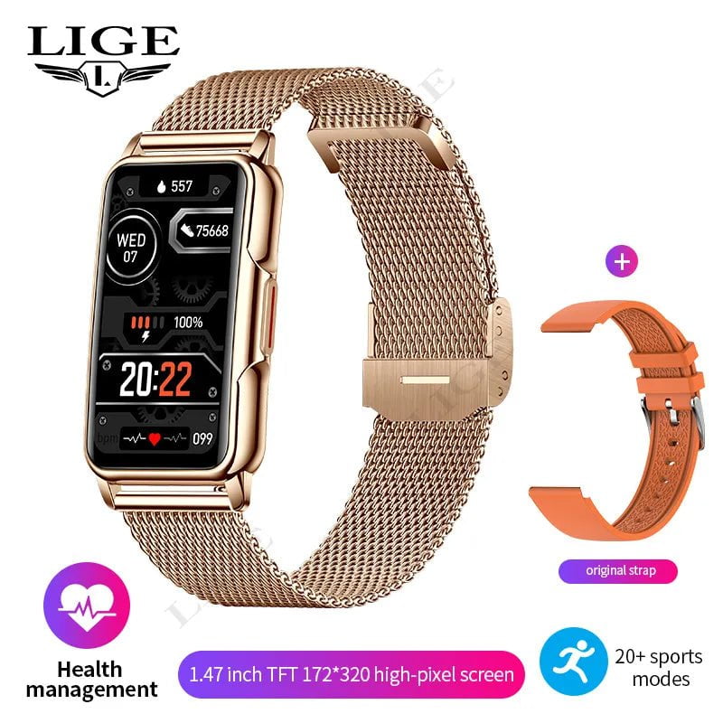 LIGE Smart Watch: Bluetooth Music, Fitness Sports Bracelet, Sleep Monitor mesh belt gold