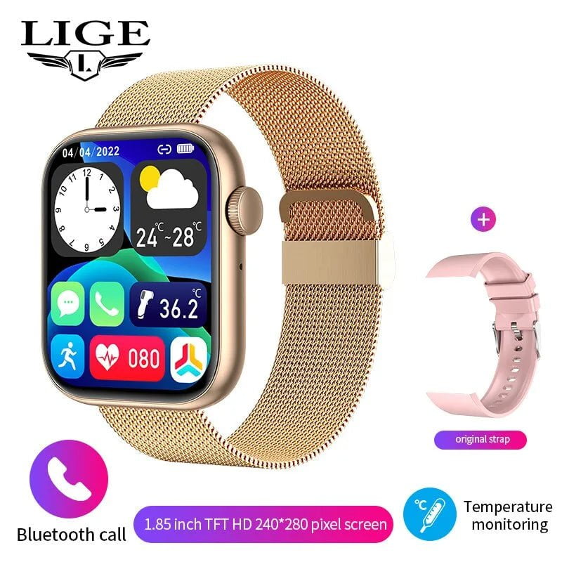 LIGE Smart Watch for Women: Full Touch Screen, Bluetooth Call, Waterproof, Sport Fitness Tracker, Smartwatch Lady - Reloj Mujer gold mesh belt