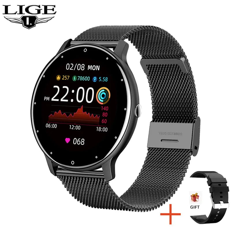 LIGE Smart Watch Ladies - Full Touch Screen, Sports Fitness Mesh belt black / Custom dial