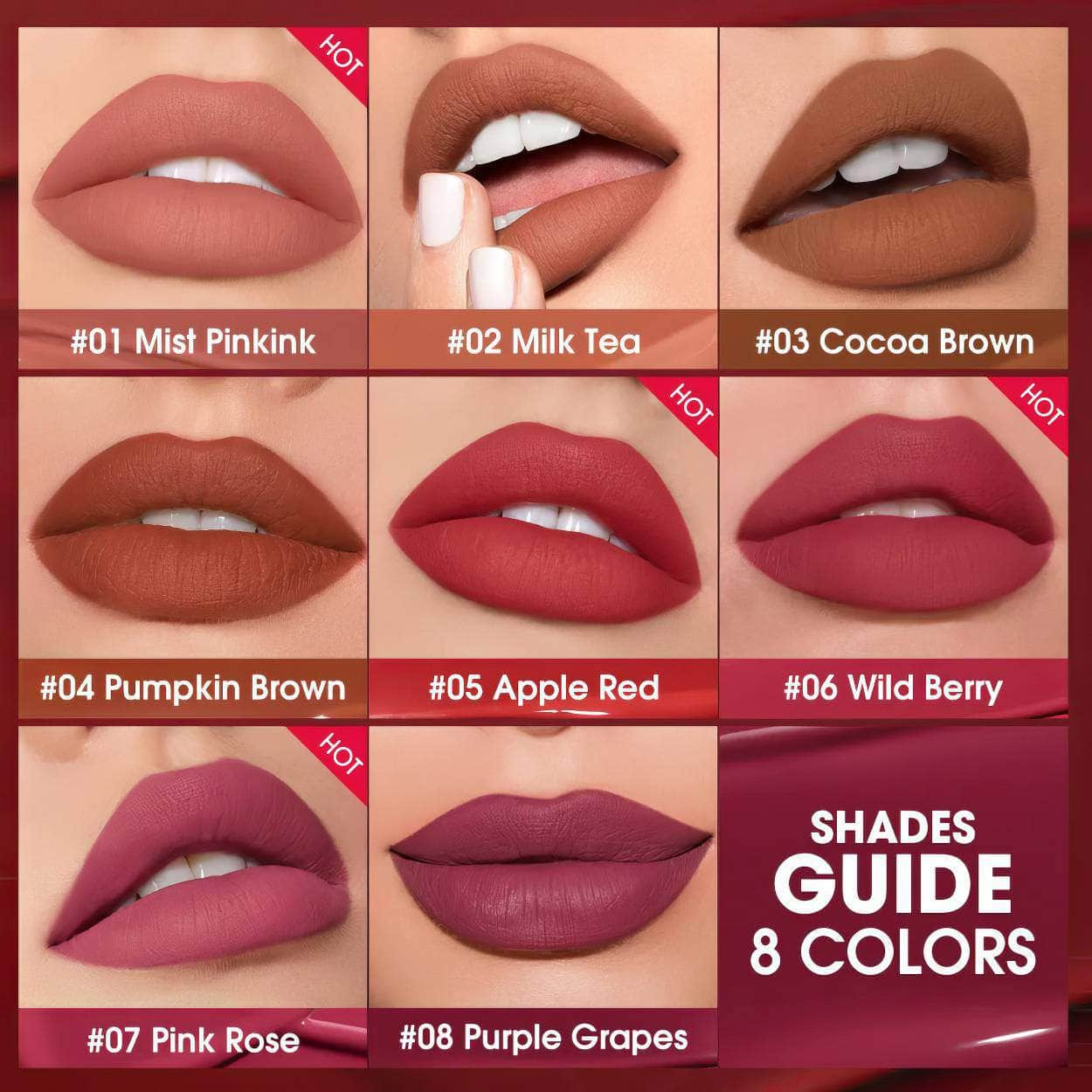 Lipstick: Waterproof Velvet, Non-stick Cup, 8 Colors Lip Tint, Matte Long Lasting - Sexy Red Liquid Lip Stick