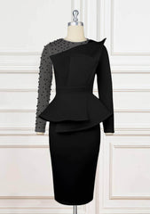 Long Sleeve Beaded Mesh Patchwork Peplum Dress