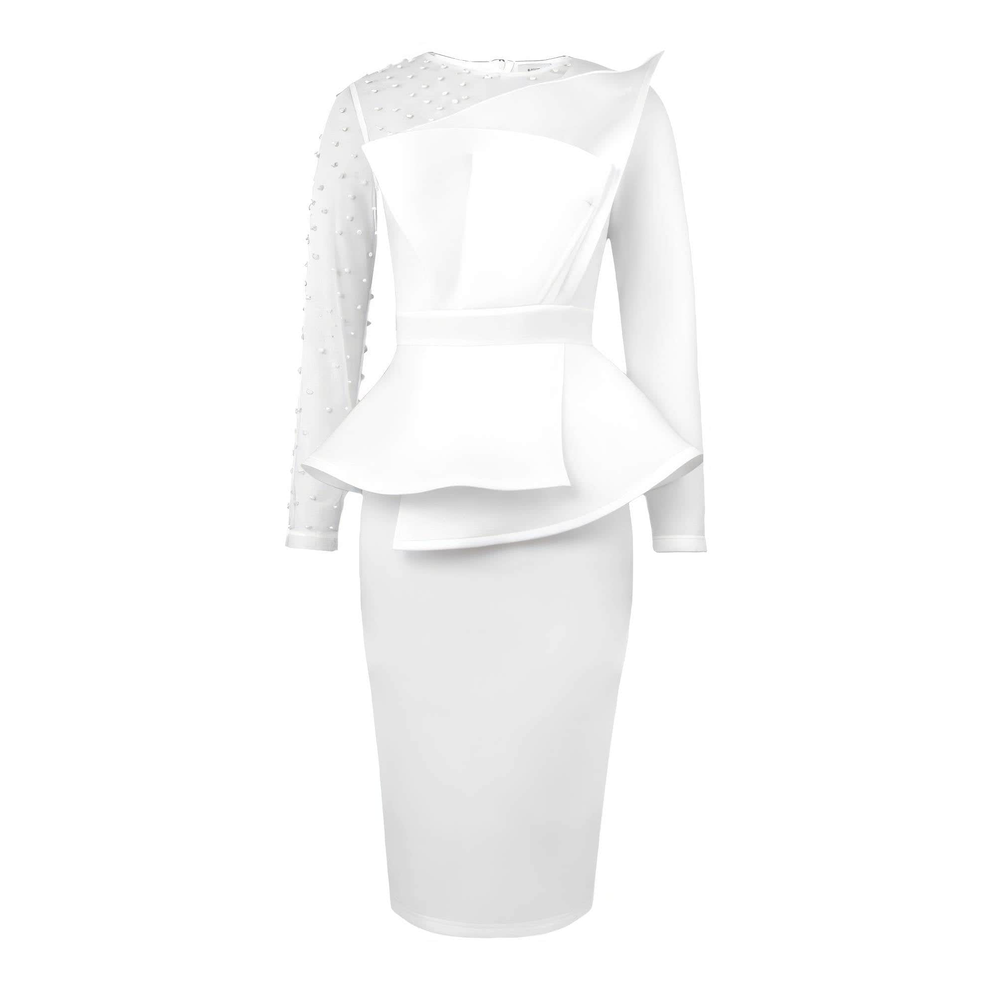 Long Sleeve Beaded Mesh Patchwork Peplum Dress