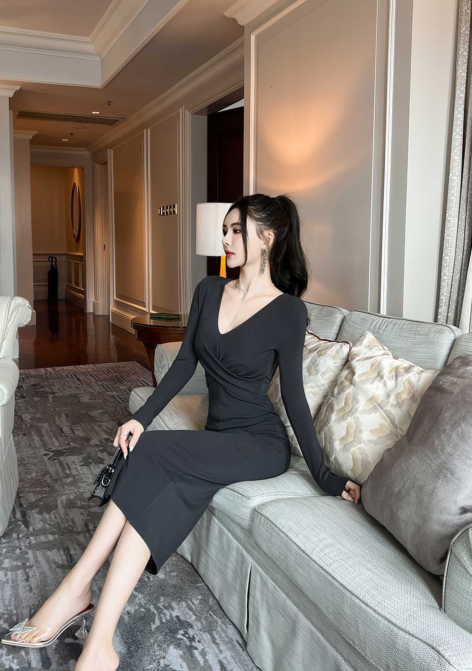 Long Sleeve Crossover Bodice Sheath Dress