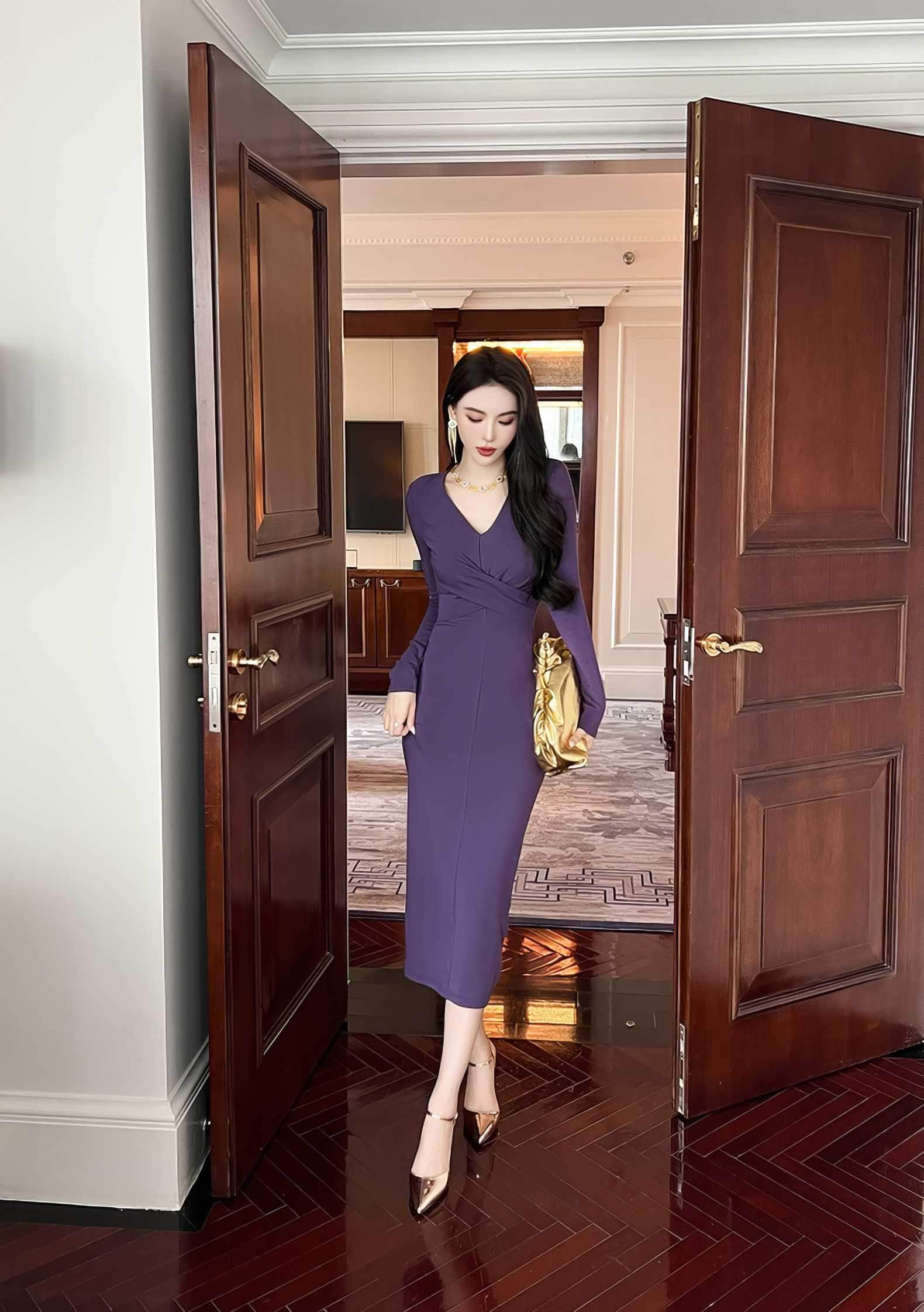 Long Sleeve Crossover Bodice Sheath Dress