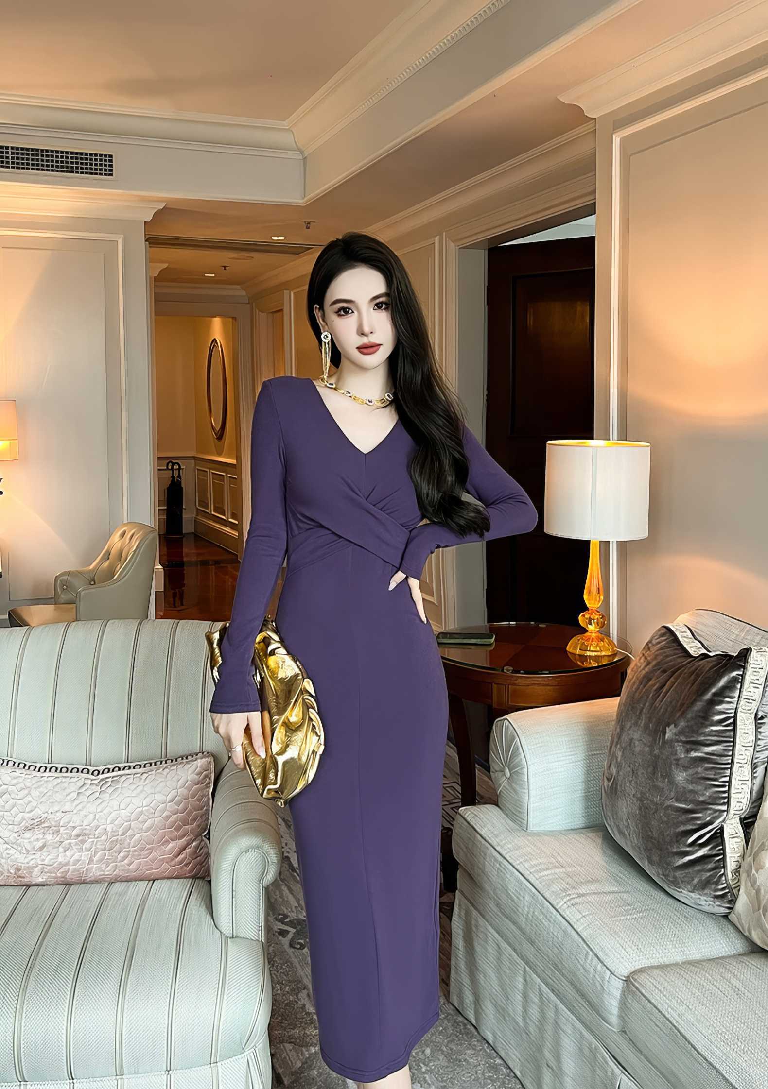 Long Sleeve Crossover Bodice Sheath Dress