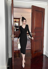 Long Sleeve Crossover Bodice Sheath Dress