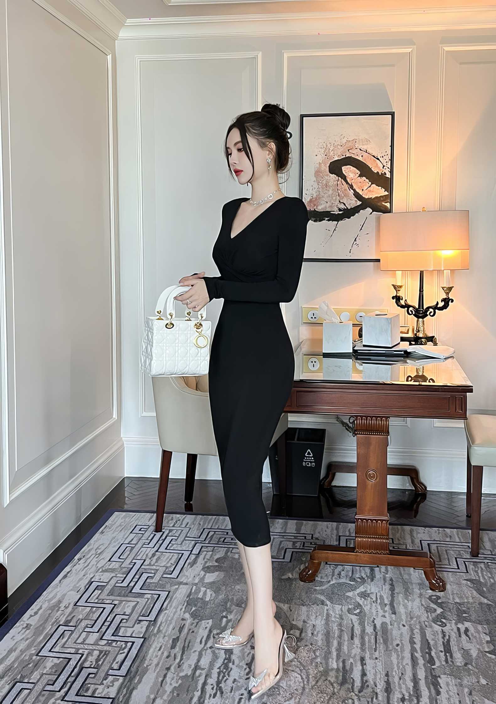 Long Sleeve Crossover Bodice Sheath Dress