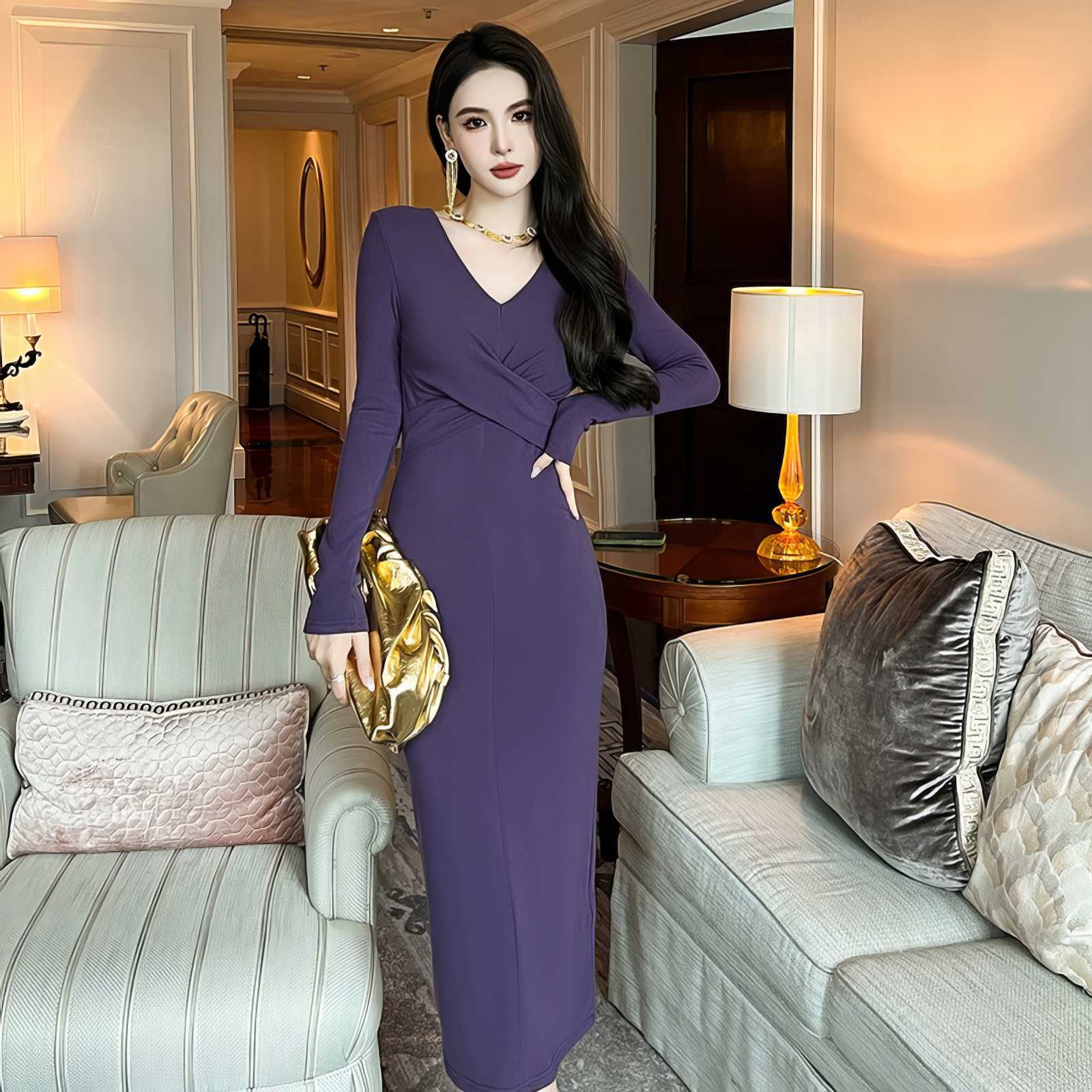 Long Sleeve Crossover Bodice Sheath Dress