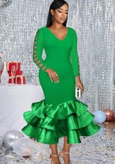 Long Sleeve Cut Out Ruffled Hem Bodycon Dress US 4-6 / Green