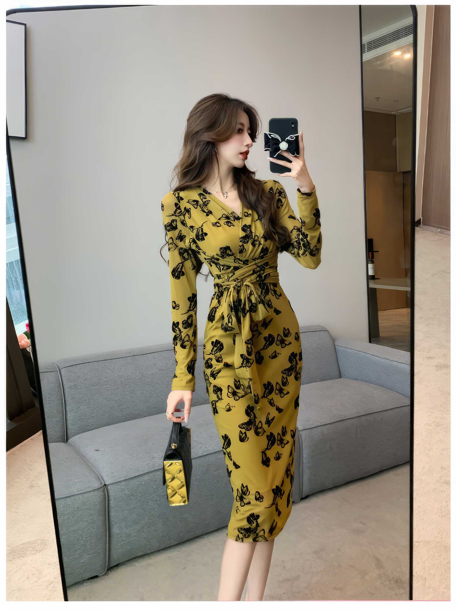 Long Sleeve Floral Printed Wrap Dress