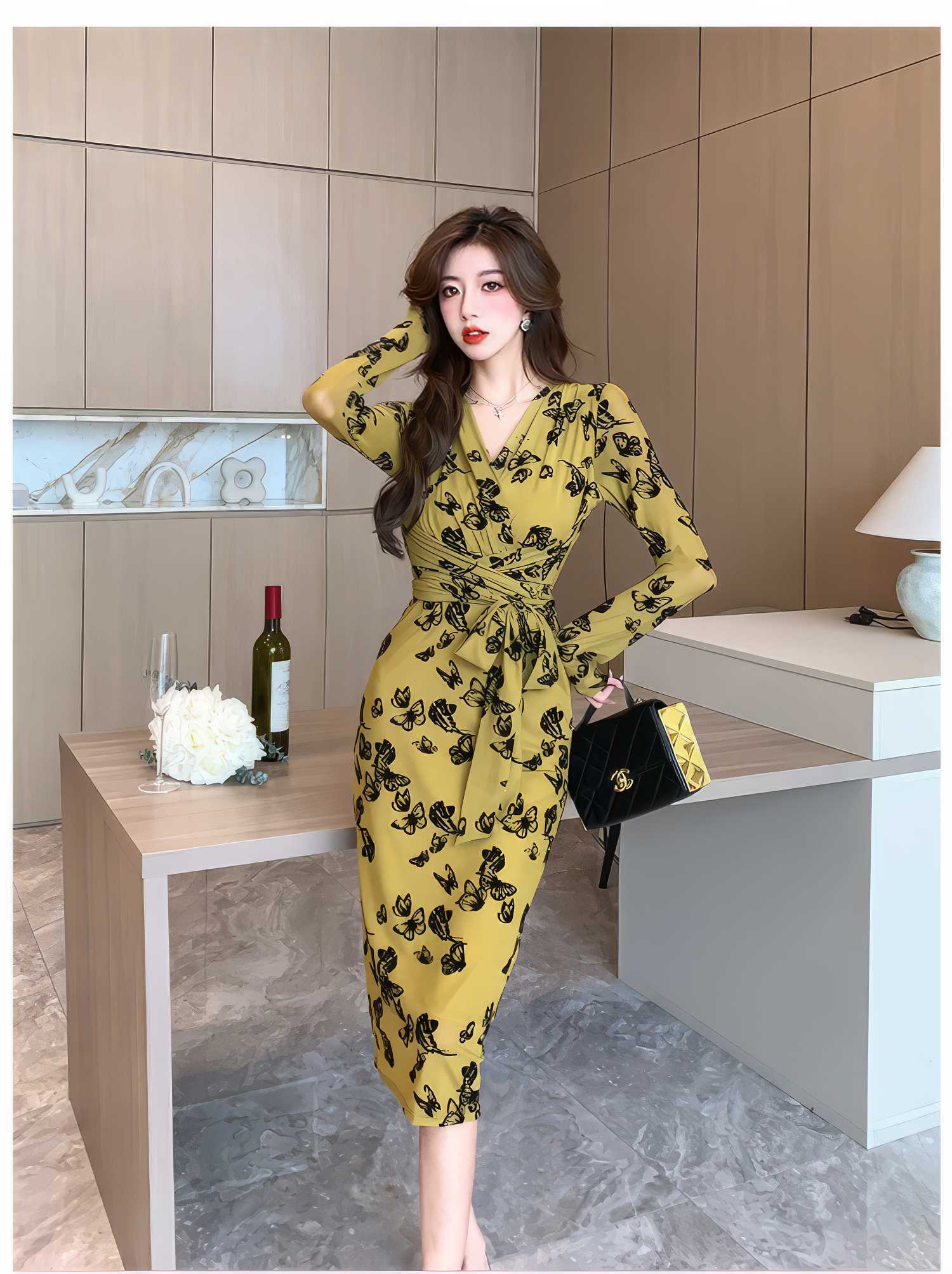 Long Sleeve Floral Printed Wrap Dress