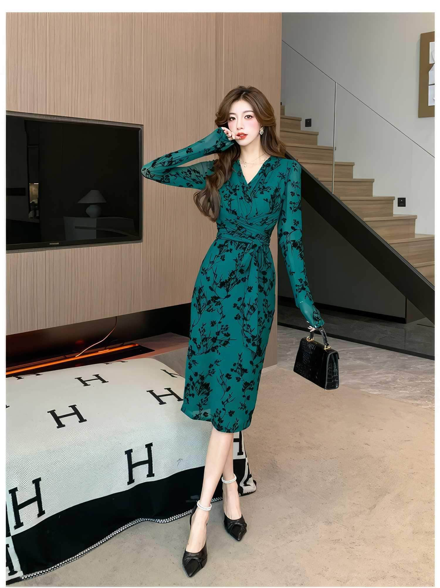 Long Sleeve Floral Printed Wrap Dress