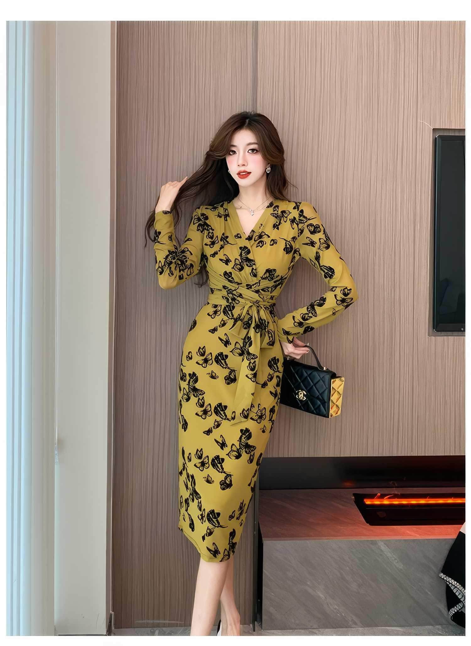 Long Sleeve Floral Printed Wrap Dress