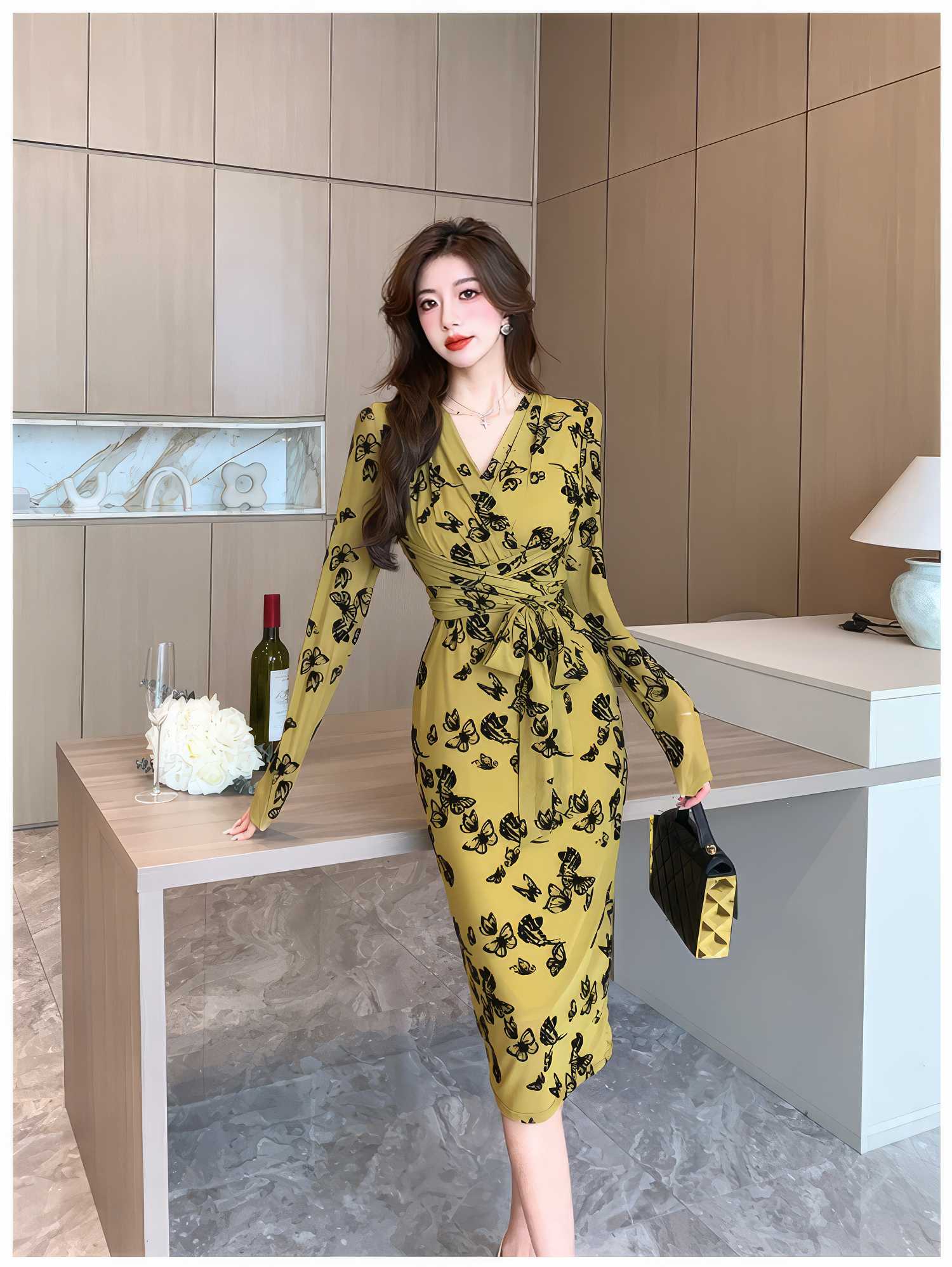 Long Sleeve Floral Printed Wrap Dress