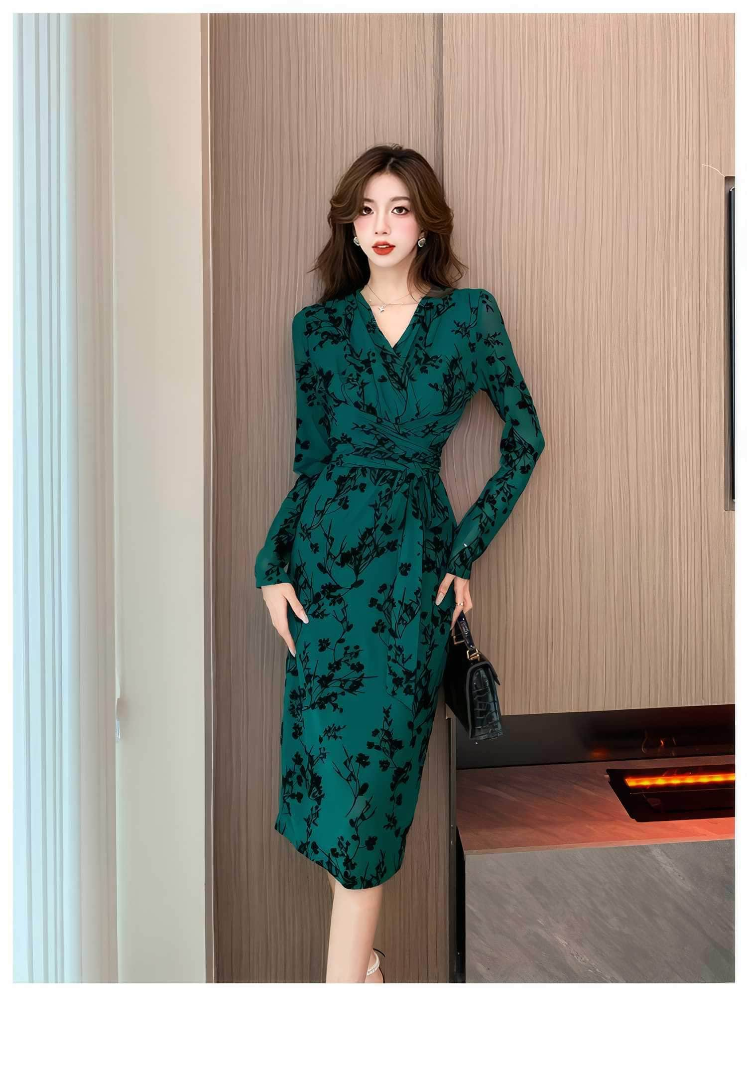 Long Sleeve Floral Printed Wrap Dress