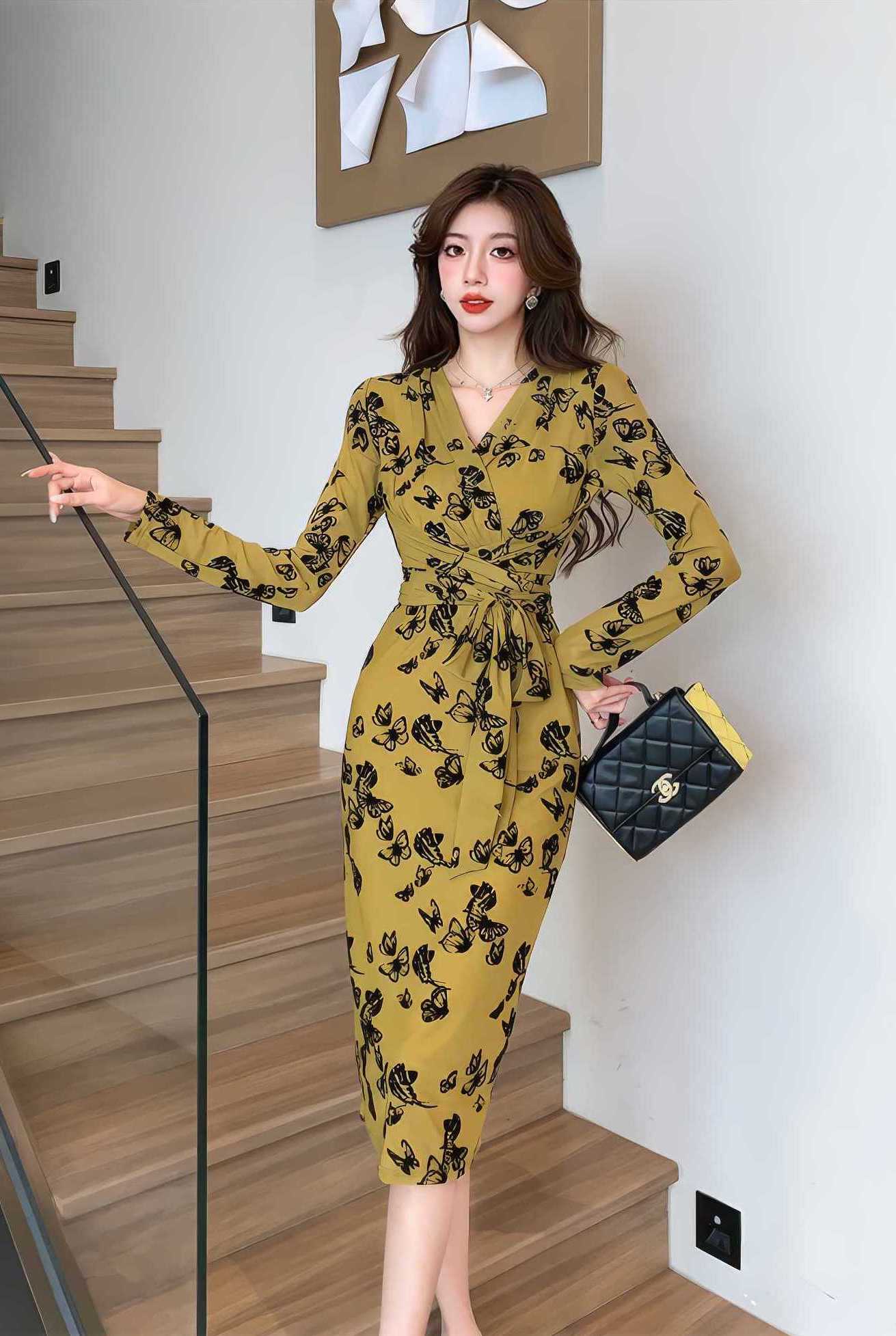 Long Sleeve Floral Printed Wrap Dress