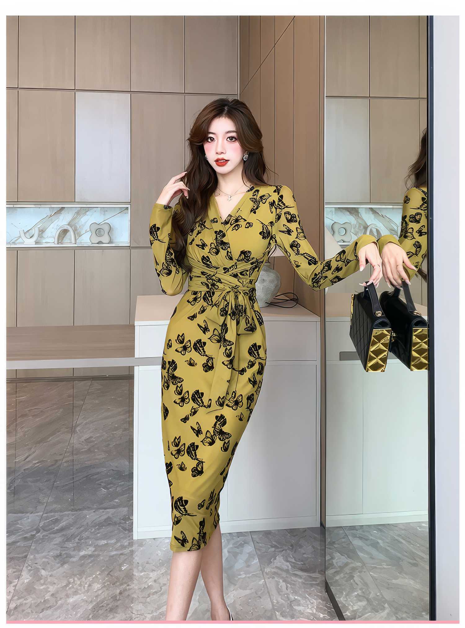 Long Sleeve Floral Printed Wrap Dress