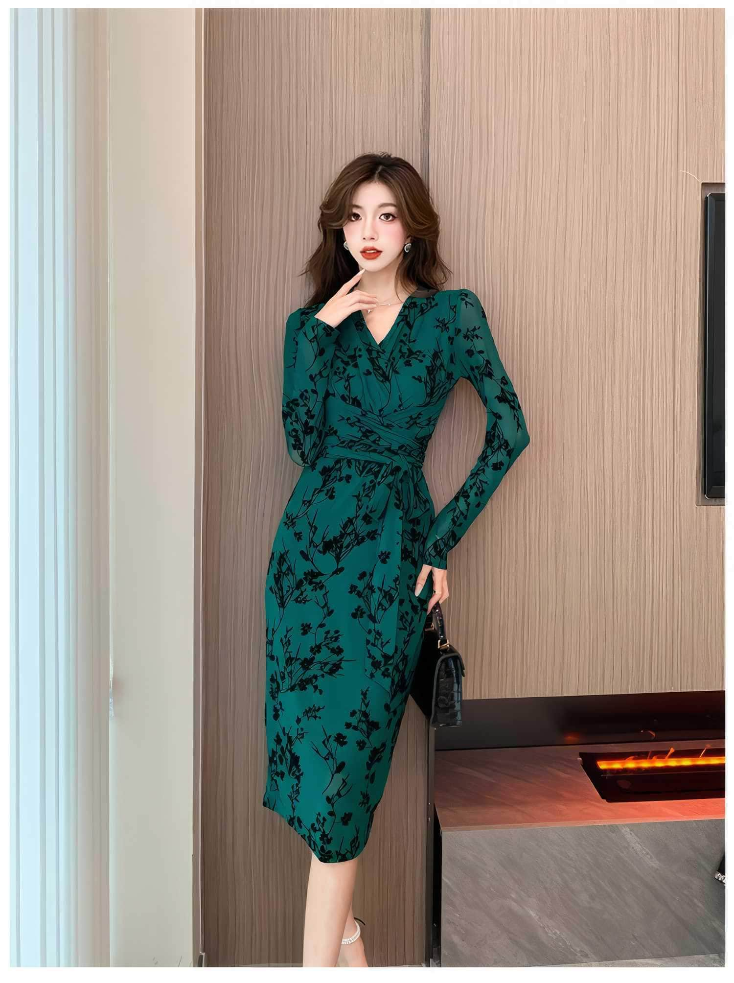 Long Sleeve Floral Printed Wrap Dress