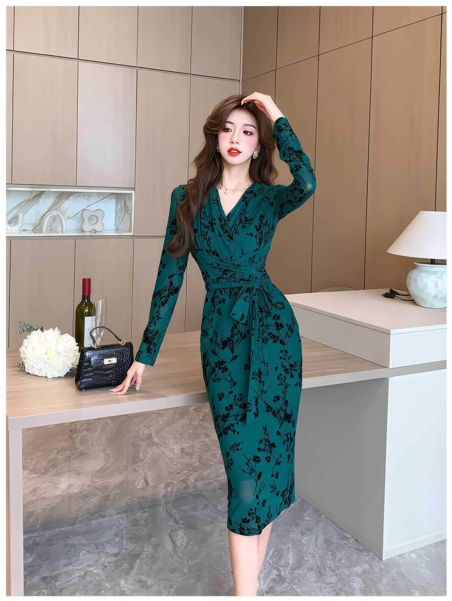 Long Sleeve Floral Printed Wrap Dress